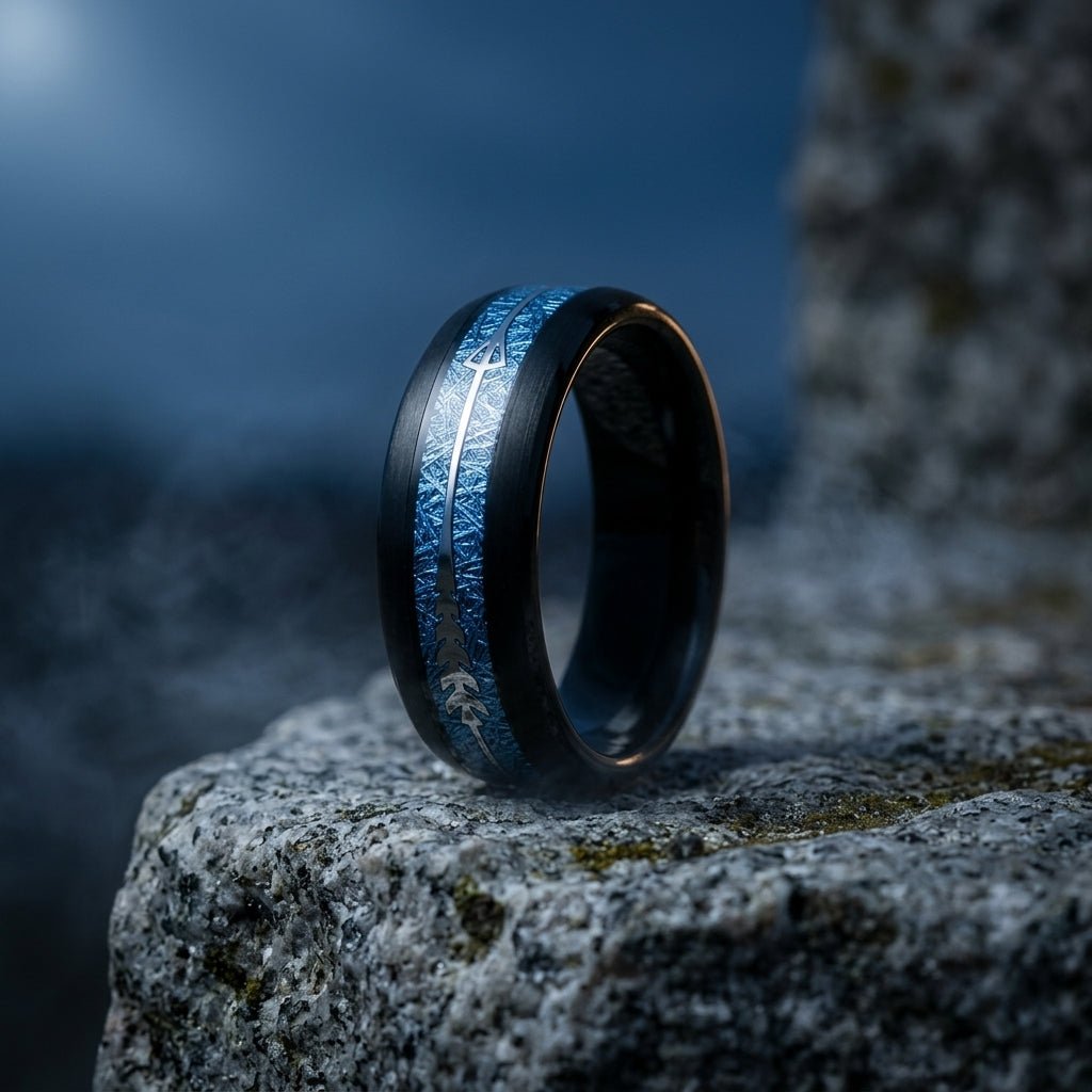 HALCYON | Black Tungsten Ring, Blue Meteorite-Style Arrow Inlay, 8mm