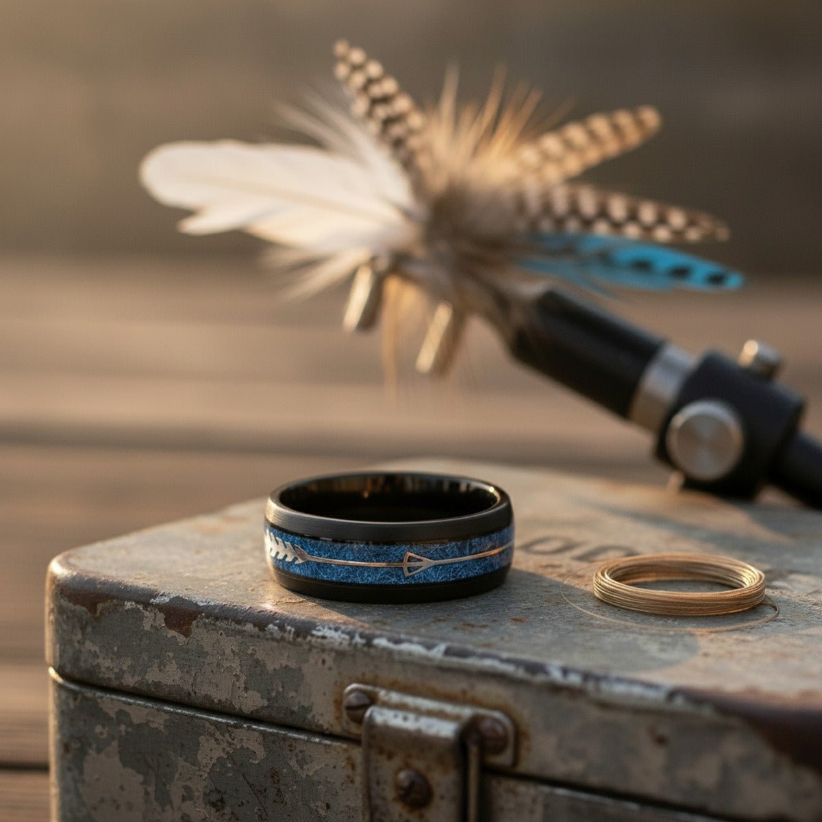 HALCYON | Black Tungsten Ring, Blue Meteorite-Style Arrow Inlay, 8mm