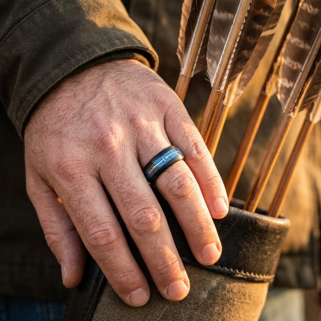 HALCYON | Black Tungsten Ring, Blue Meteorite-Style Arrow Inlay, 8mm
