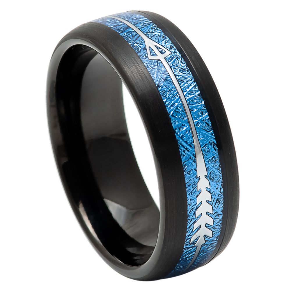 HALCYON | Black Tungsten Ring, Blue Meteorite-Style Arrow Inlay, 8mm