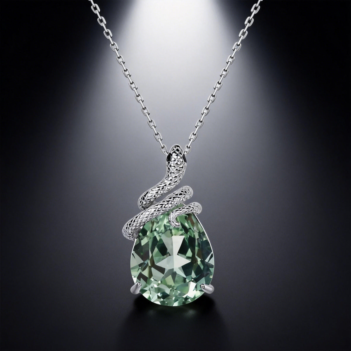 Pear Cut Lab Green Sapphire Mystical Serpent Carved Nature Inspired Necklace - Serpens