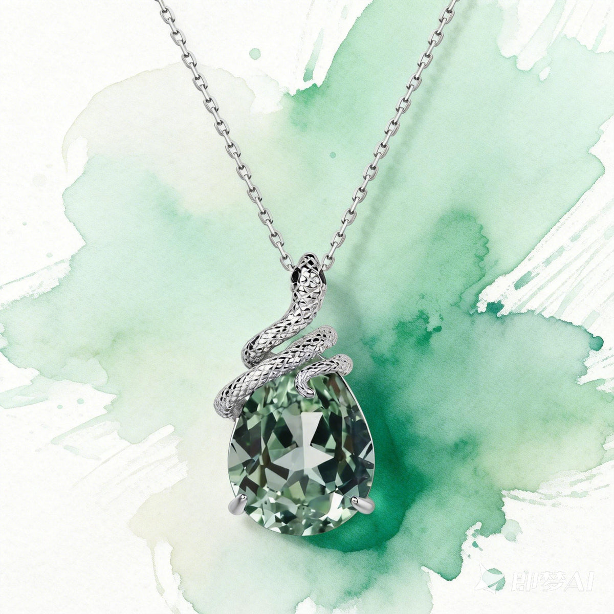 Pear Cut Lab Green Sapphire Mystical Serpent Carved Nature Inspired Necklace - Serpens