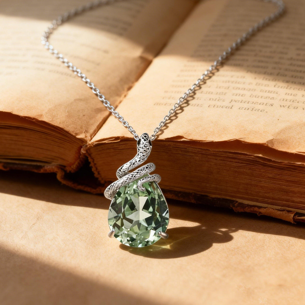 Pear Cut Lab Green Sapphire Mystical Serpent Carved Nature Inspired Necklace - Serpens