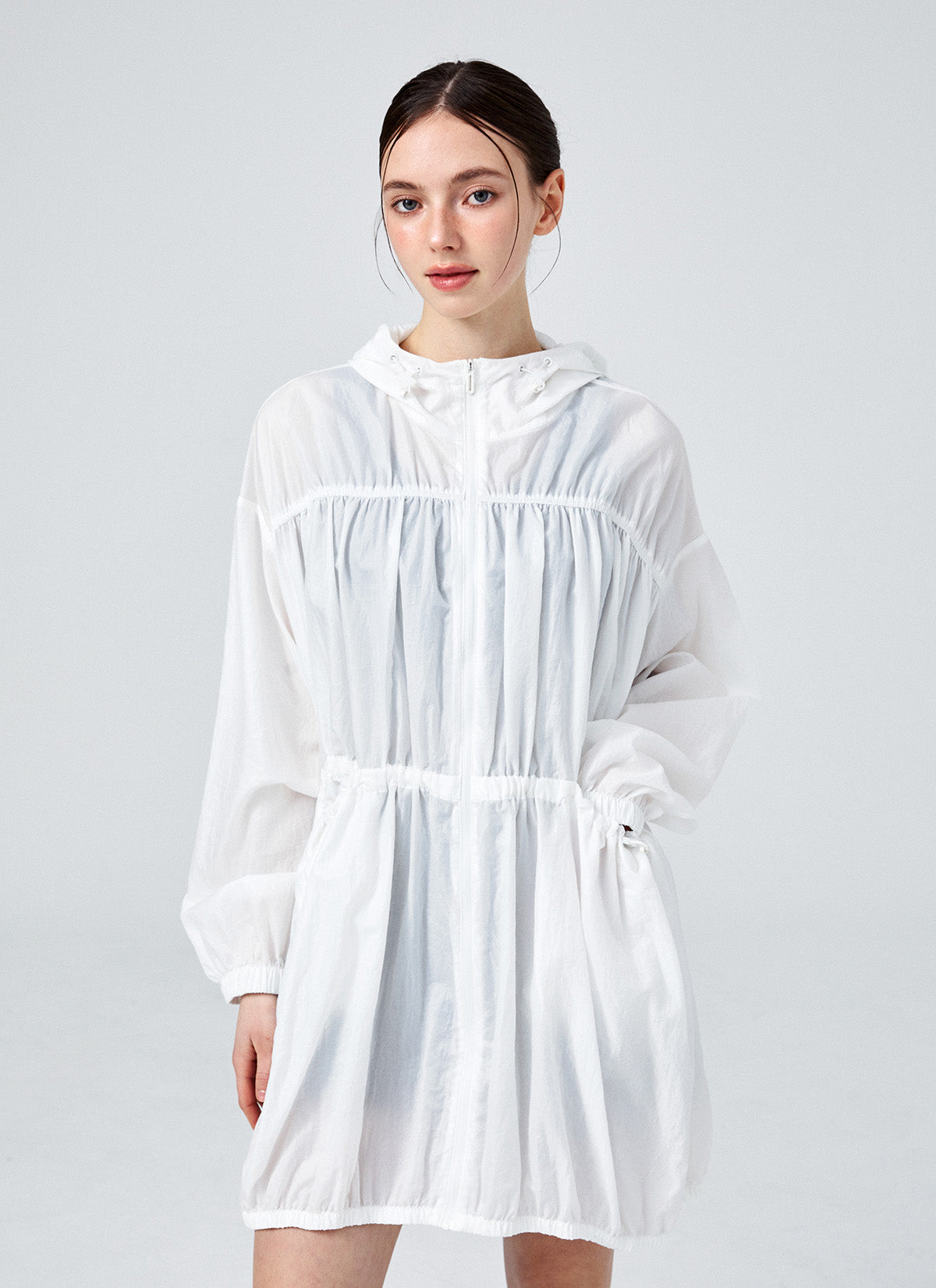 Airy Balloon Shirring Hood Long Jacket