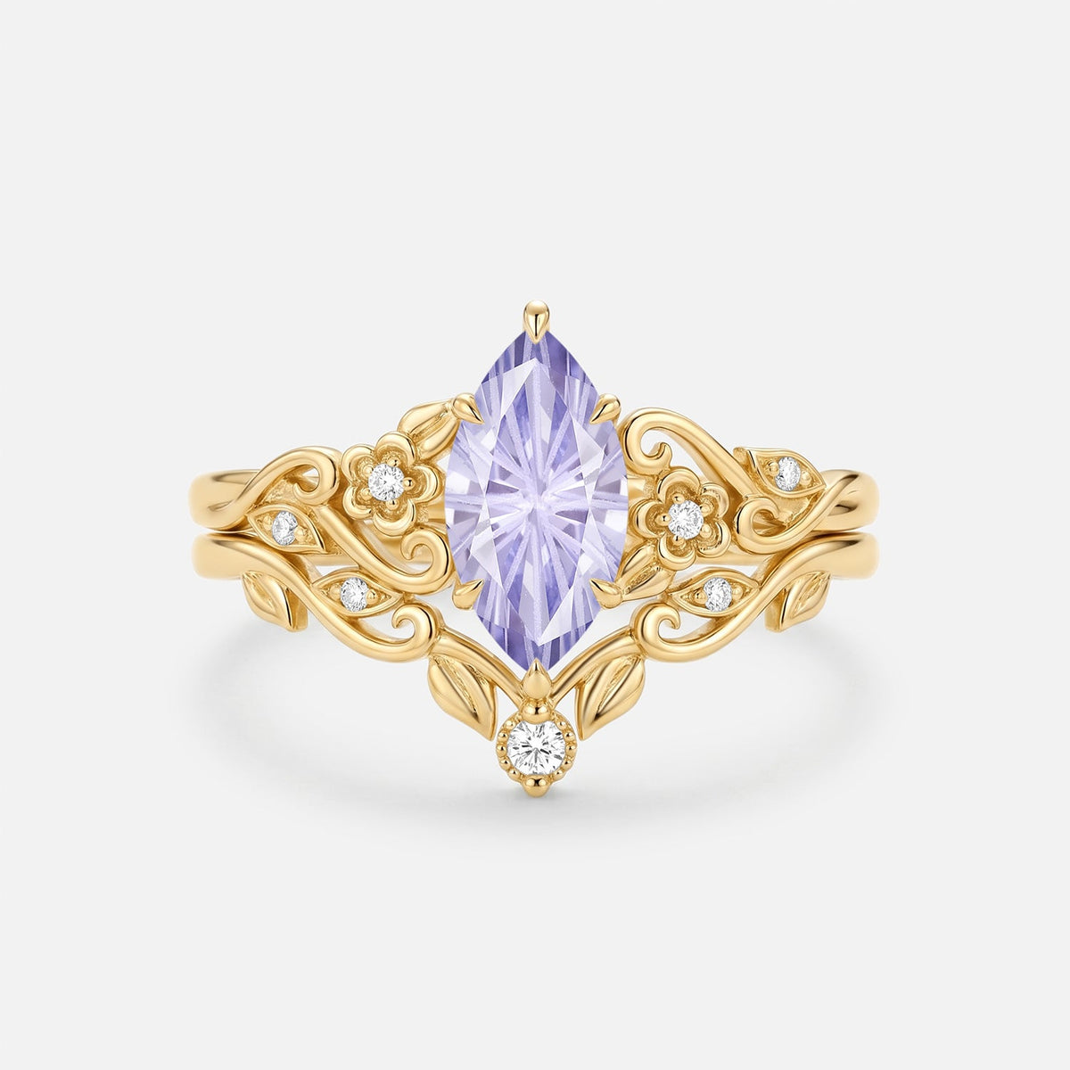 Marquise Firework Flower Lab Lavender Sapphire Engagement Ring Sets 2pcs - Jessamine