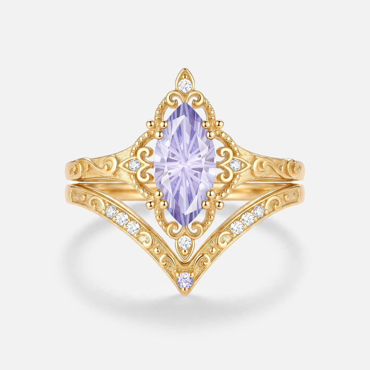 Marquise Engraved Firework Lab Lavender Sapphire Engagement Ring Sets 2pcs - Gwendolyn