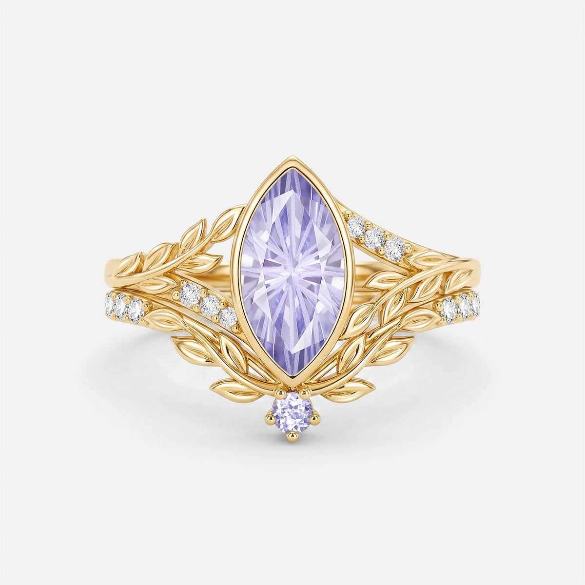 Marquise Cut Firework Lab Lavender Sapphire Bezel Leafy Engagement Ring Sets 2pcs - Nala