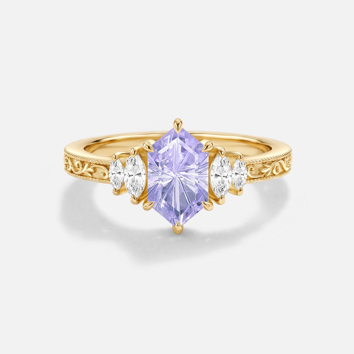 Firework Cut Lab Lavender Sapphire Hexagon Engagement Ring - Thessaly