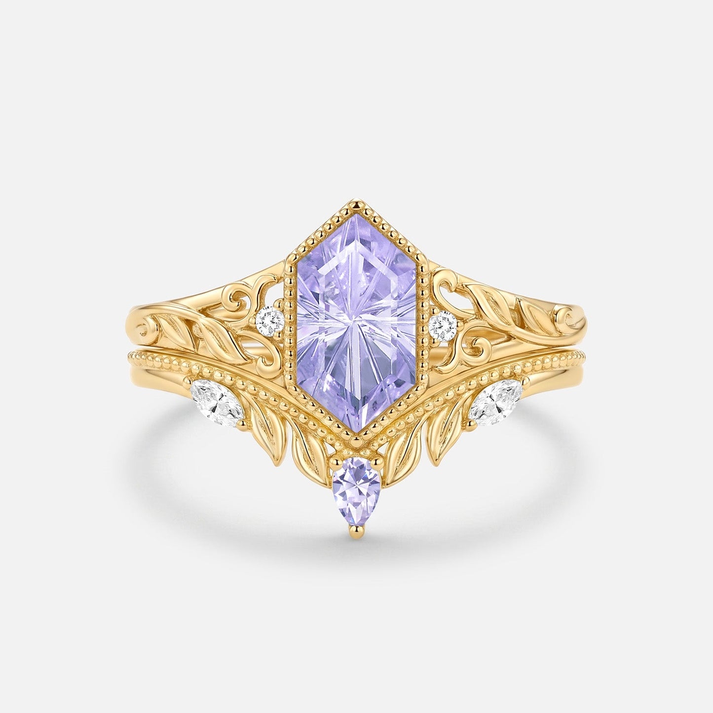 Elongated Hexagon Firework Cut Lab Lavender Sapphire Engagement Ring Set 2pcs-Margaux