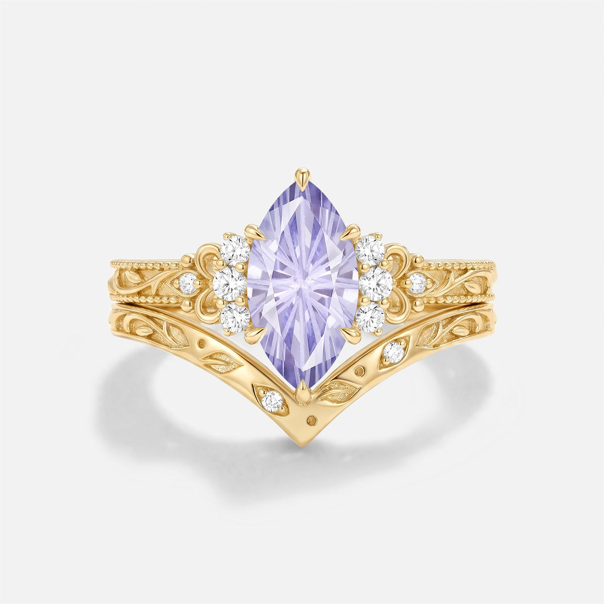 Marquise Firework Lab Lavender Sapphire Engraved Engagement Ring Set 2pcs - Rosalind