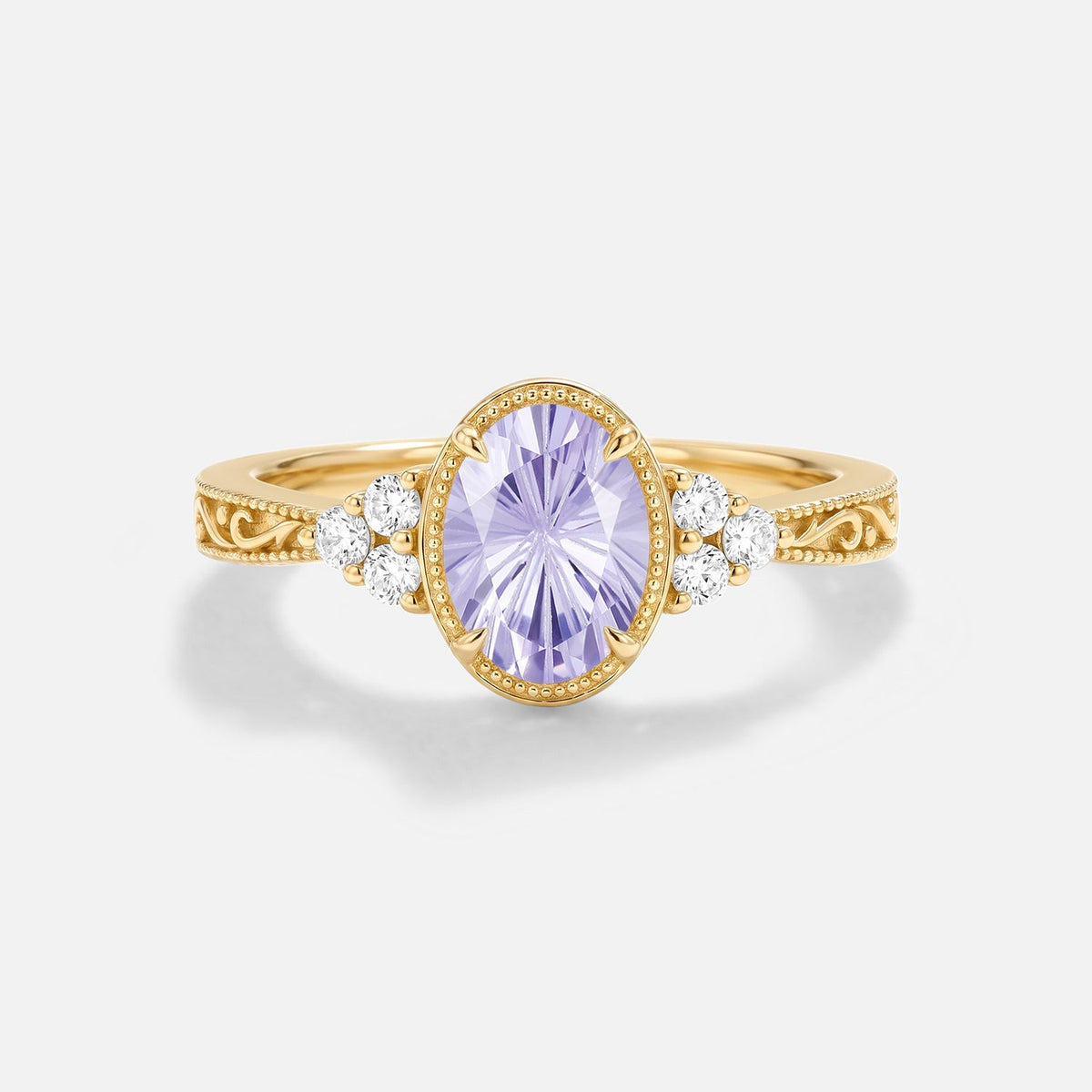 Oval Engraved Firework Lab Lavender Sapphire Bezel Engagement Ring - Ilara