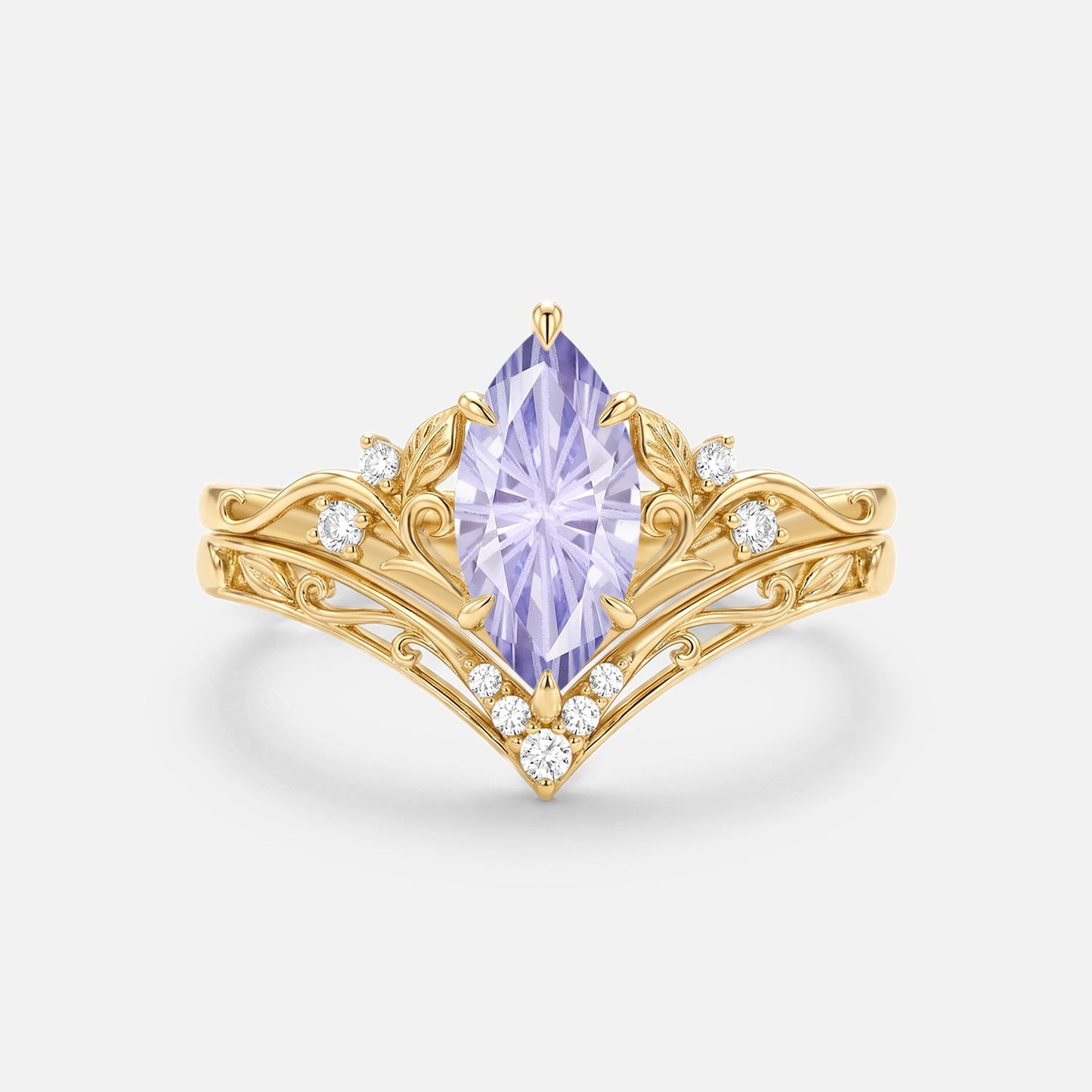 Marquise Leafy Firework Lab Lavender Sapphire Engagement Ring Sets 2pcs - Wisteria