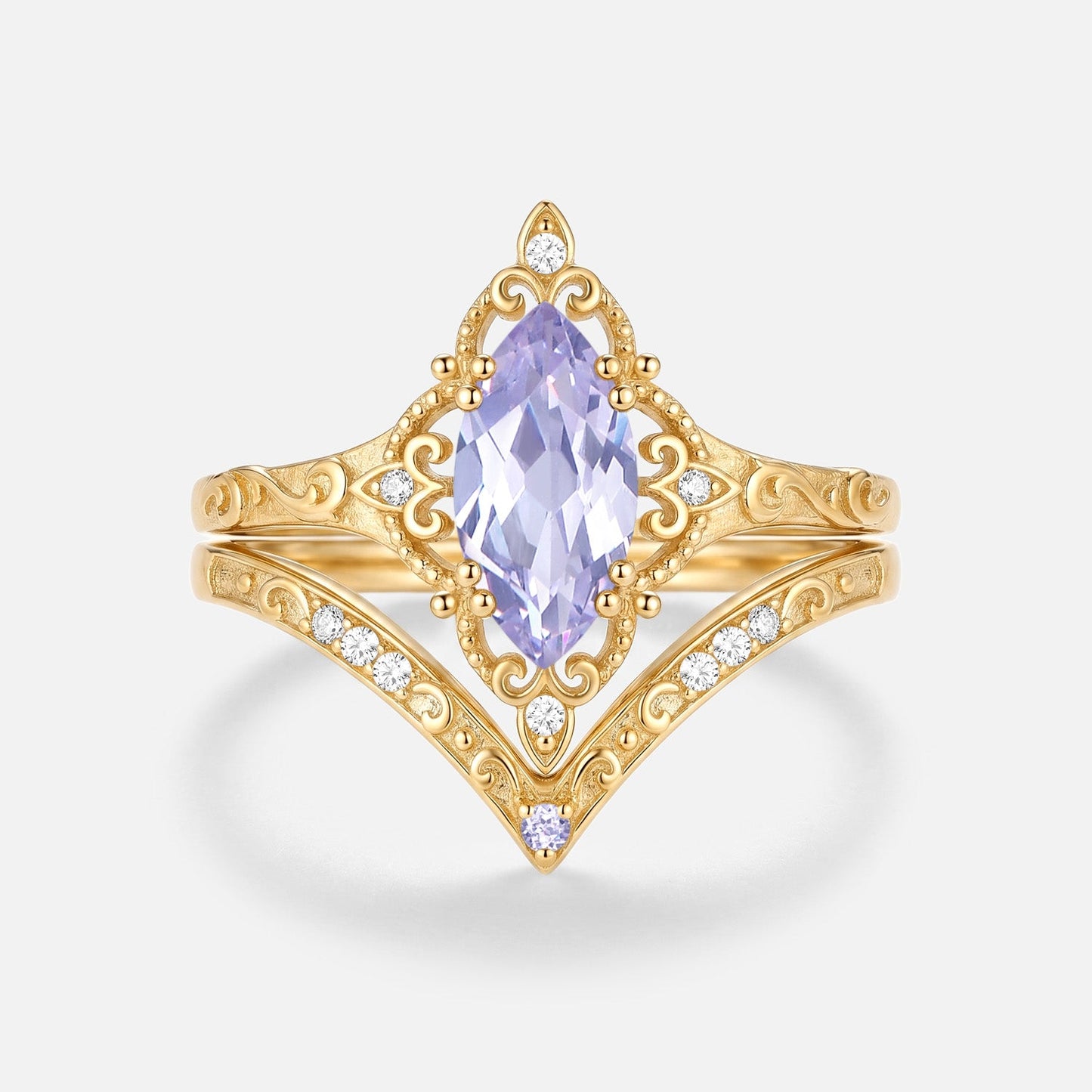 Marquise Engraved Lab Lavender Sapphire Engagement Ring Sets 2pcs - Gwendolyn