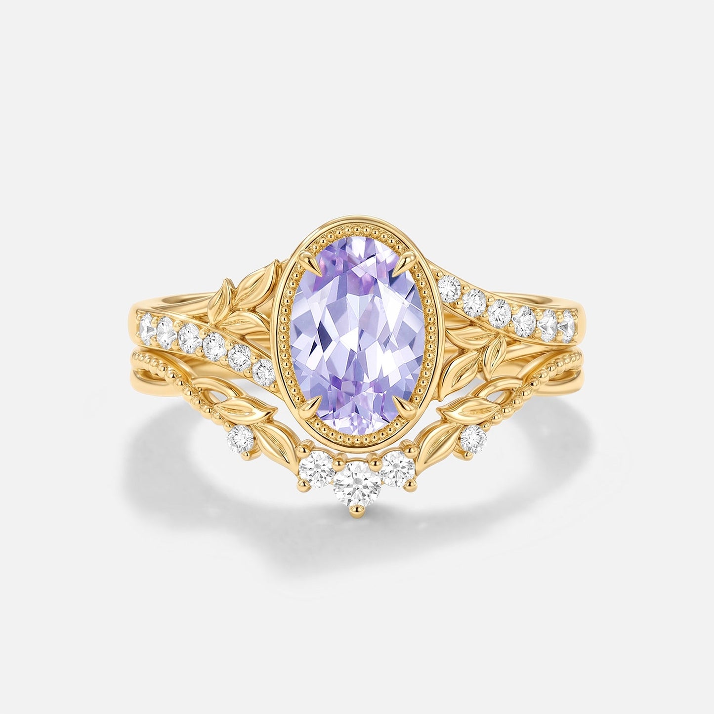 Oval Lab Lavender Sapphire Bezel Leafy Engagement Ring Sets 2pcs - Hollis