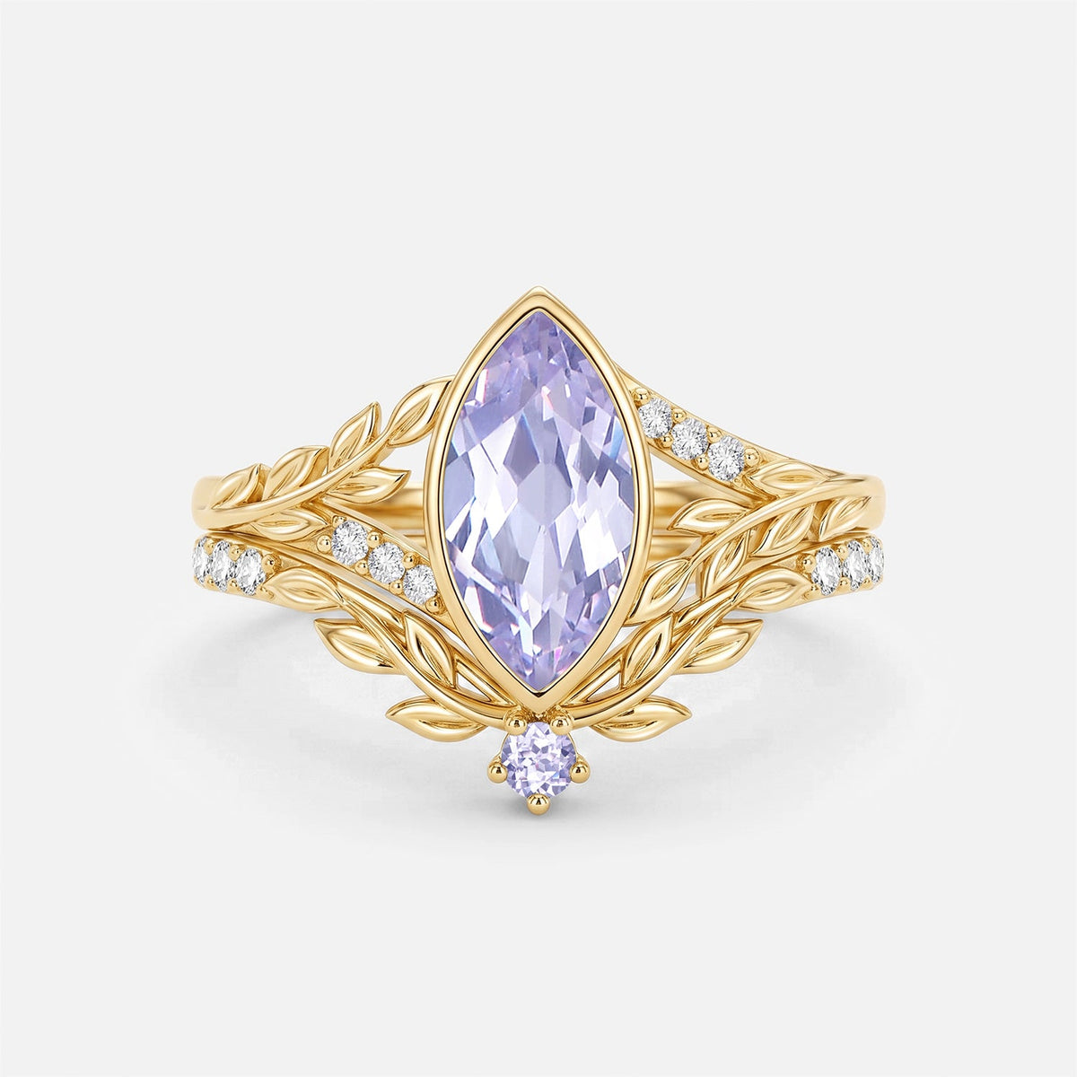 Marquise Cut Lab Lavender Sapphire Bezel Leafy Engagement Ring Sets 2pcs - Nala