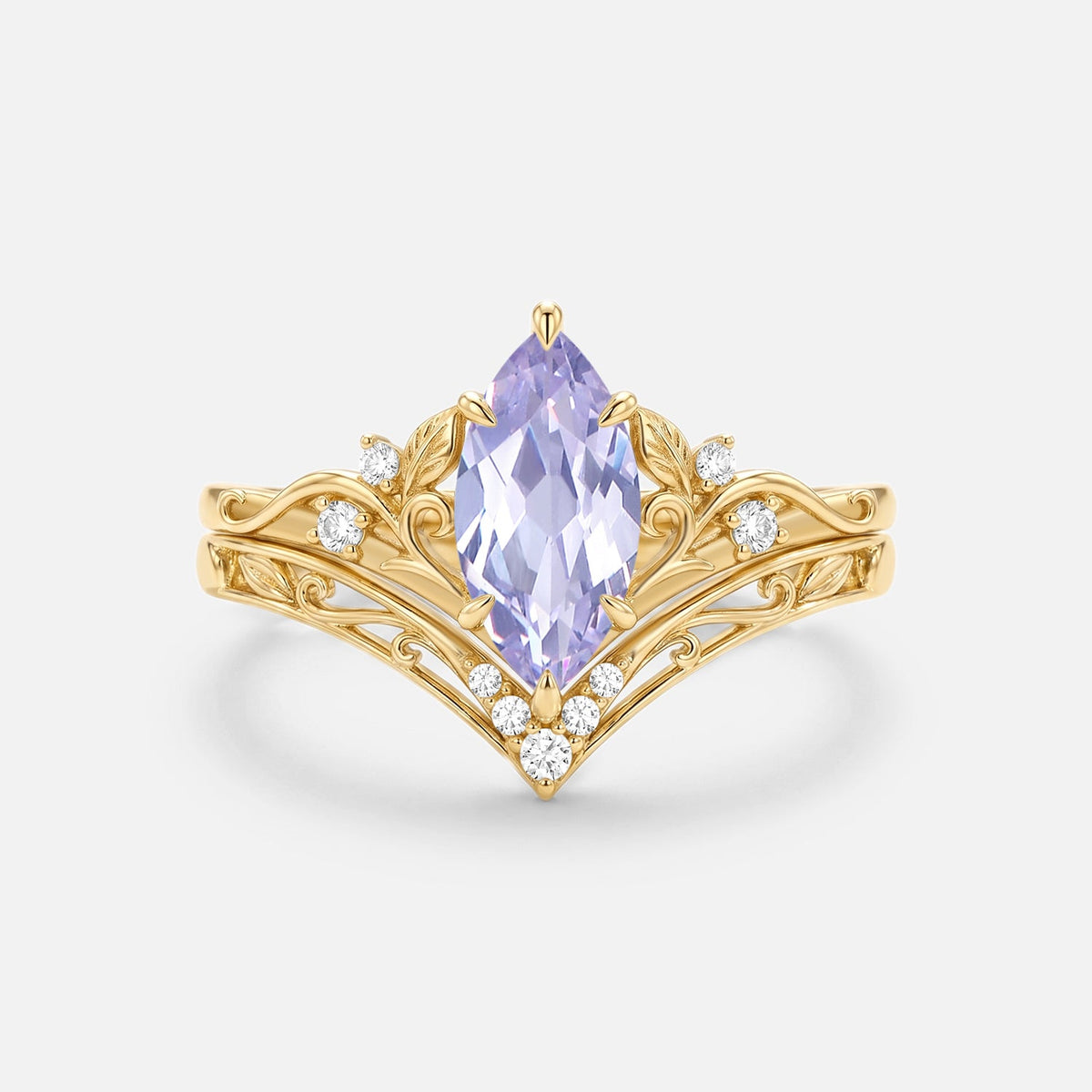 Marquise Leafy Lab Lavender Sapphire Engagement Ring Sets 2pcs - Wisteria