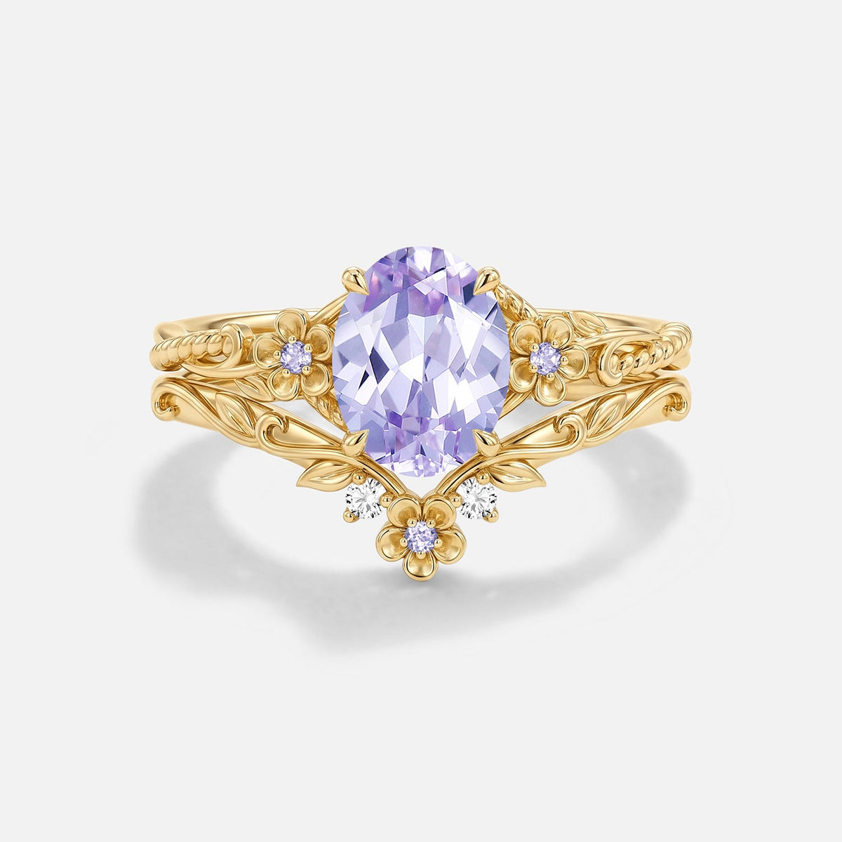 Oval Shaped Lab Lavender Sapphire Flower Engagement Ring Set 2pcs - Meridian