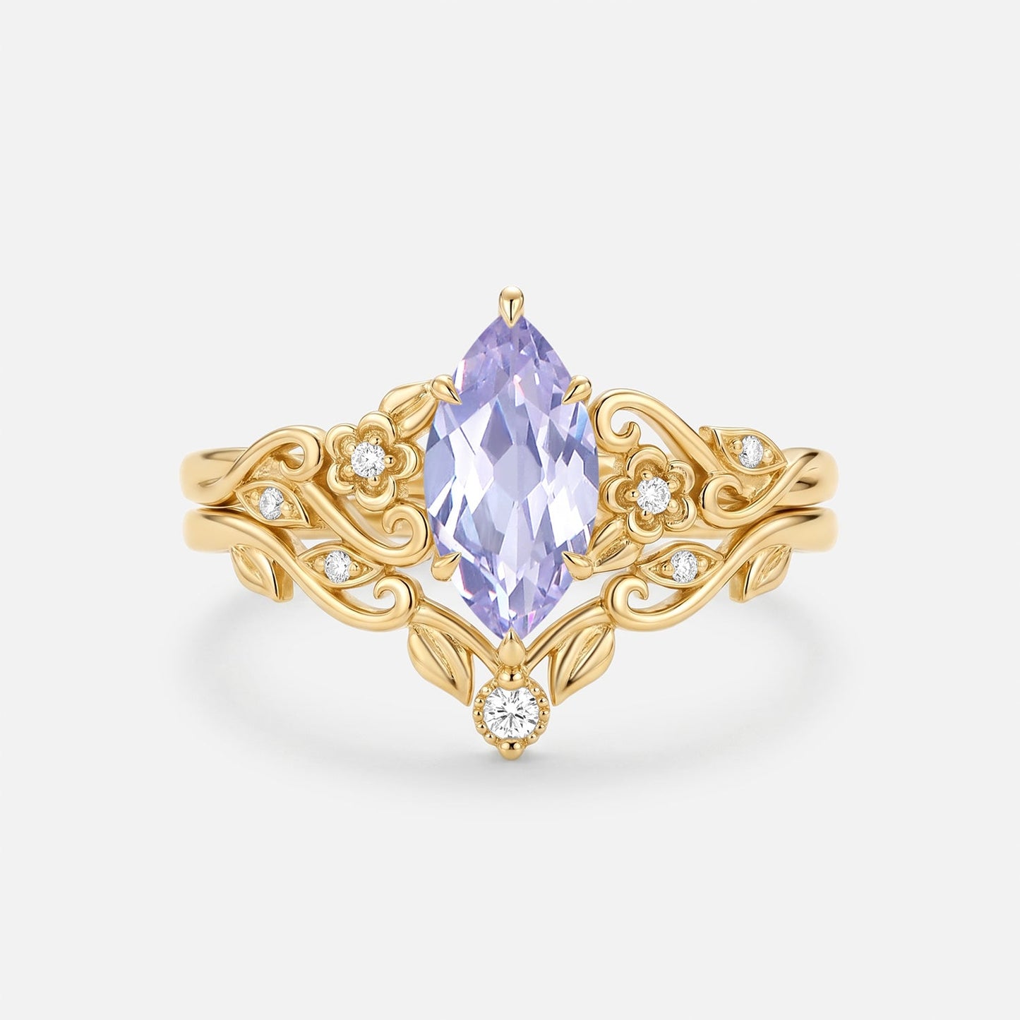 Marquise Flower Lab Lavender Sapphire Engagement Ring Sets 2pcs - Jessamine