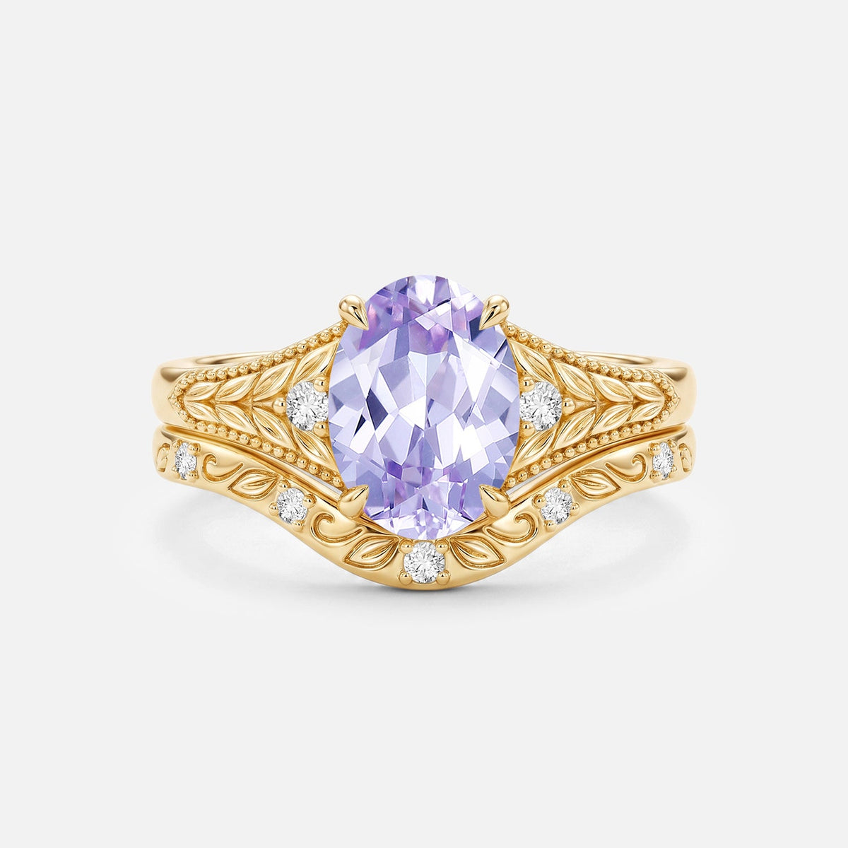 Oval Lab Lavender Sapphire Leafy Engagement Ring Sets 2pcs - Phoebe