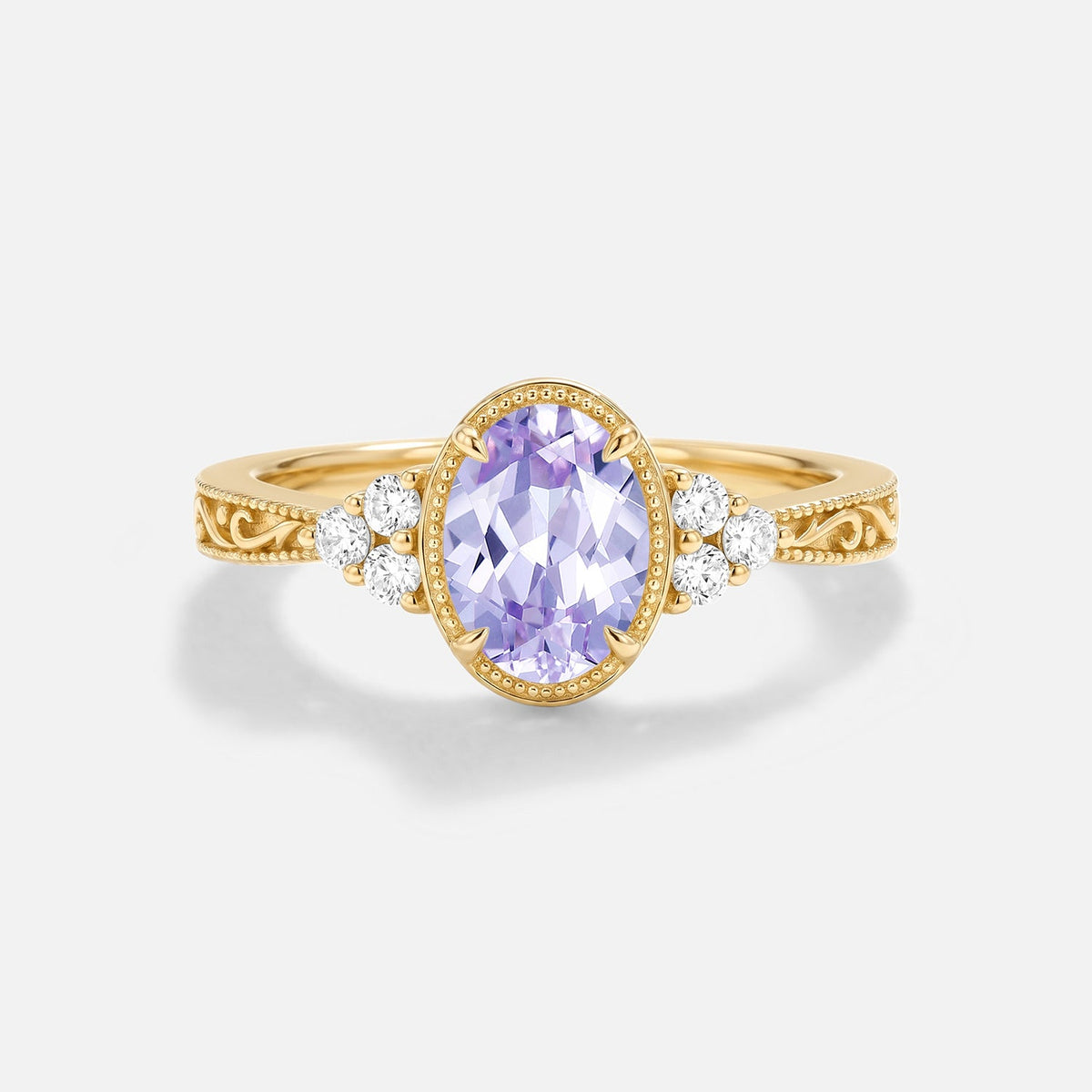 Oval Engraved Lab Lavender Sapphire Bezel Engagement Ring - Ilara