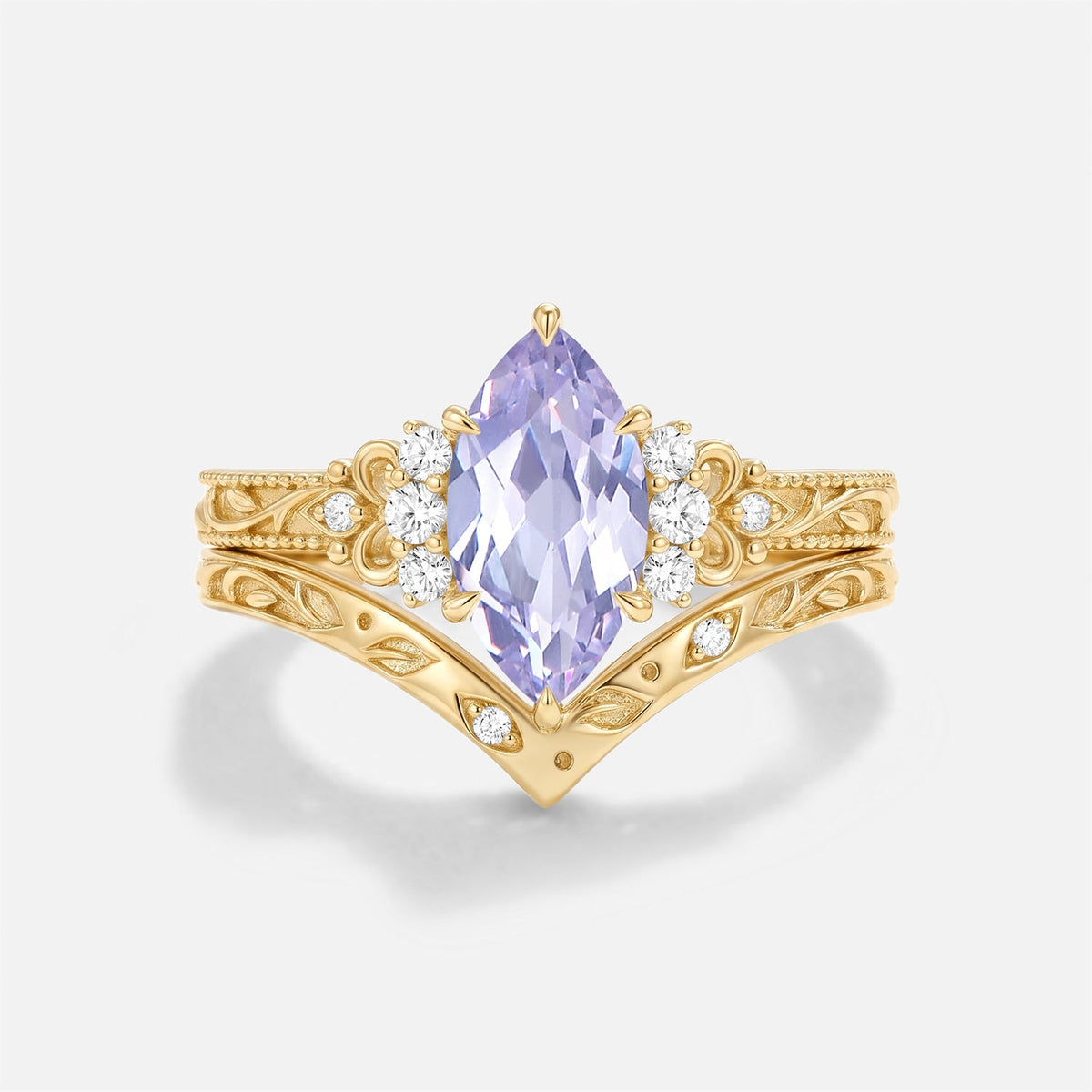 Marquise Lab Lavender Sapphire Engraved Engagement Ring Set 2pcs - Rosalind