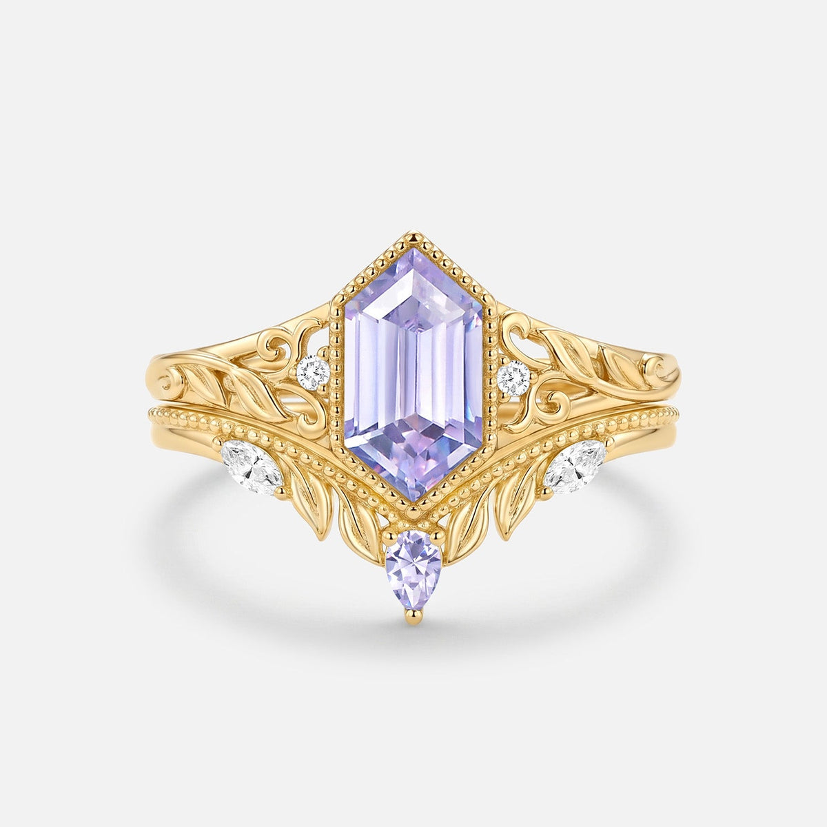 Elongated Hexagon Lab Lavender Sapphire Engagement Ring Set 2pcs-Margaux