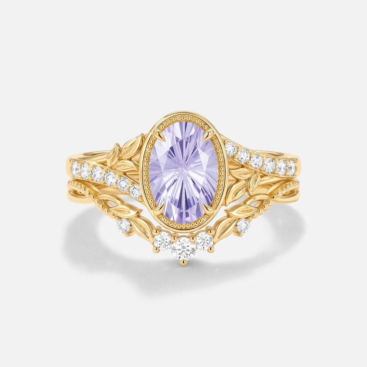 Firework Cut Oval Lab Lavender Sapphire Bezel Leafy Engagement Ring Sets 2pcs - Hollis