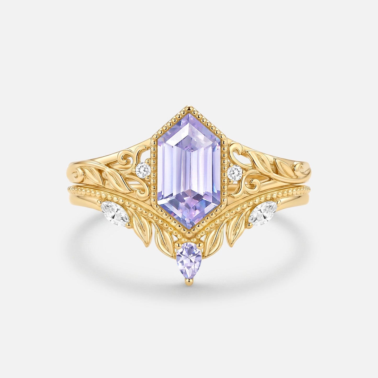 Elongated Hexagon Lab Lavender Sapphire Engagement Ring Set 2pcs-Margaux