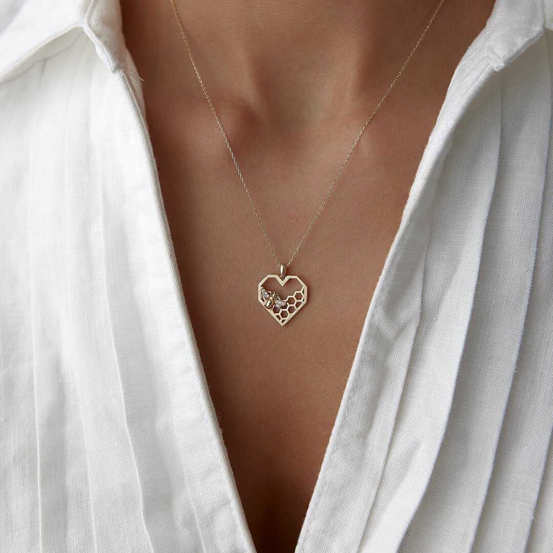 14k Gold Heart Honeycomb Bee Necklace