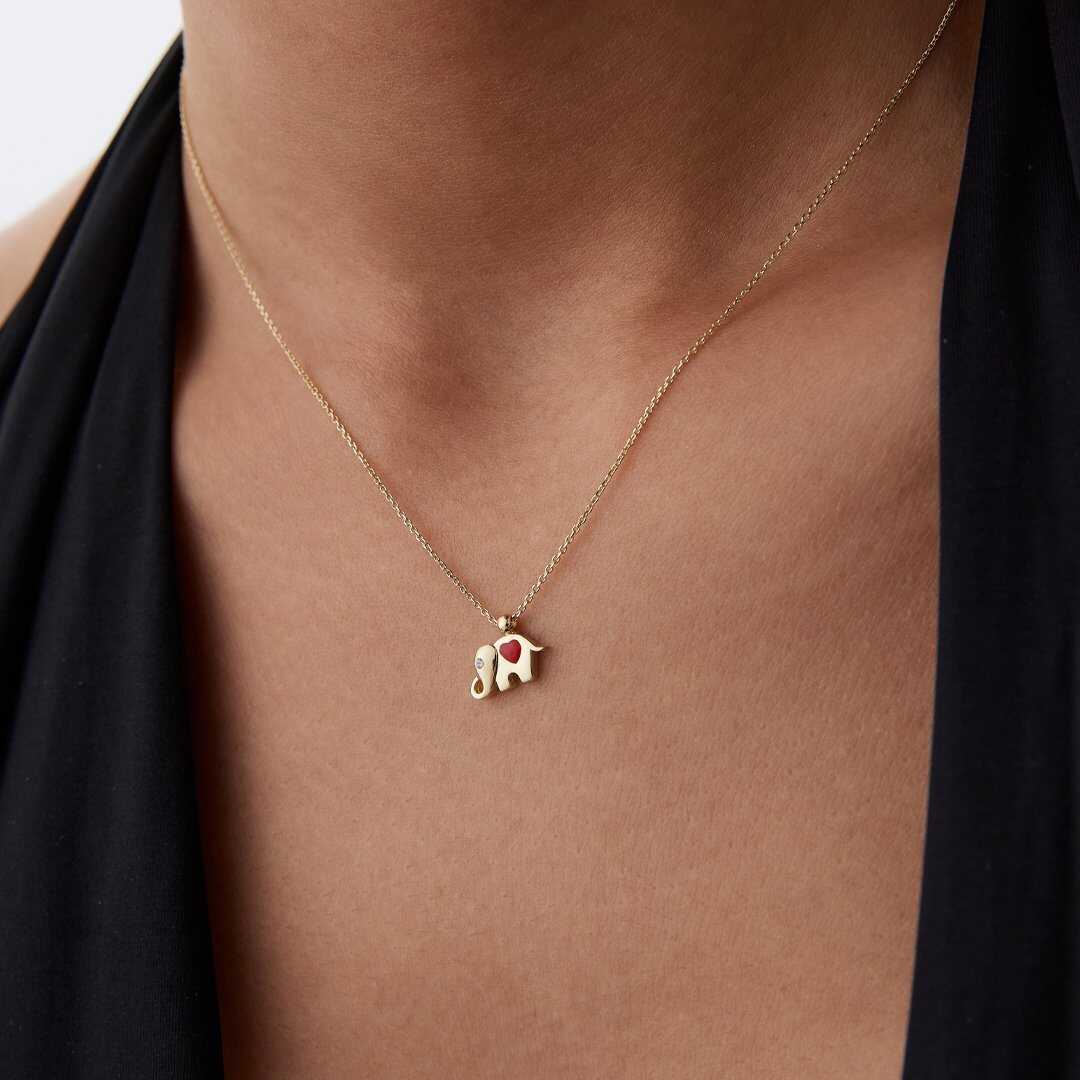 14k Gold Red Heart Enamel Elephant Necklace