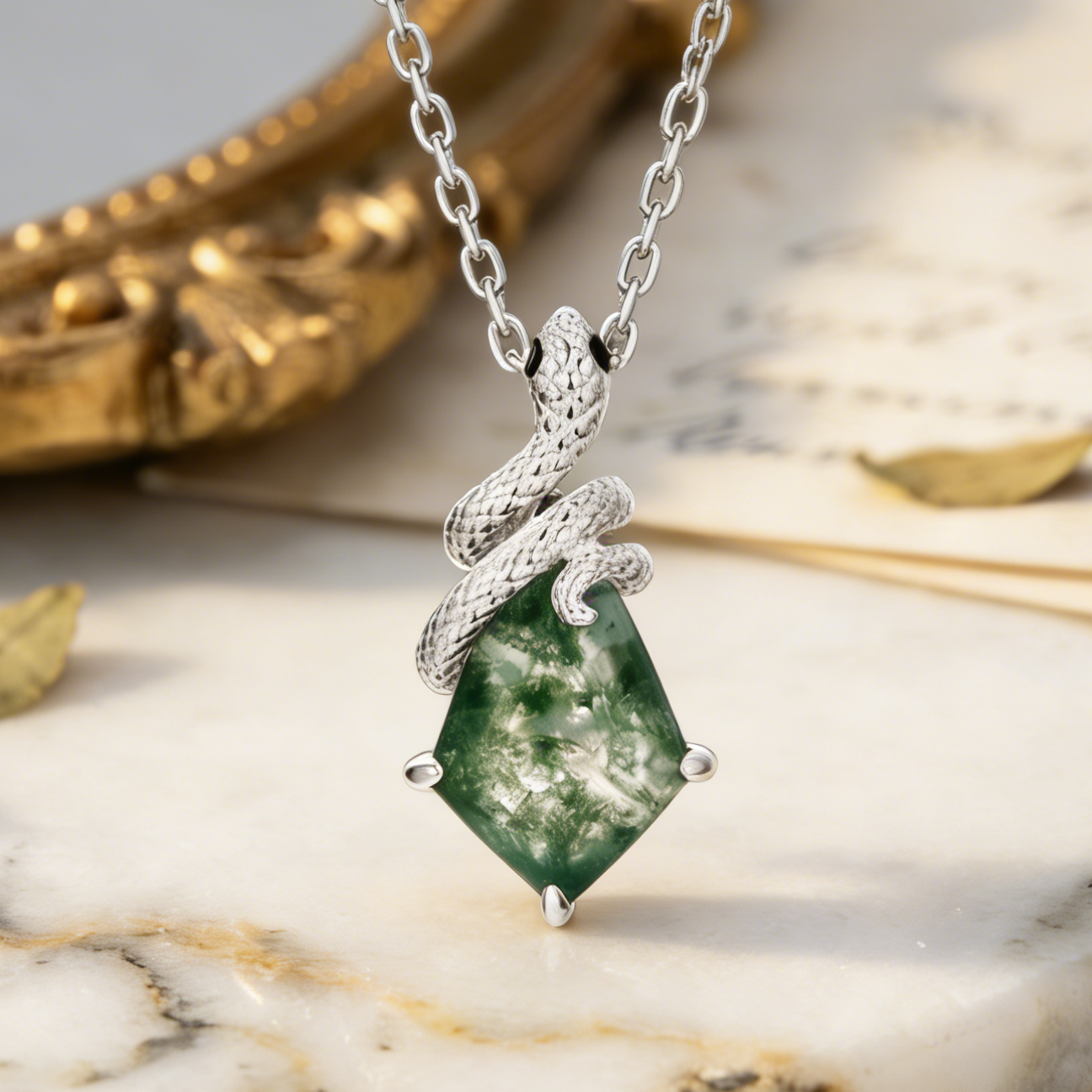 Artisan Kite Cut Moss Agate Mystical Serpent Carved Nature Inspired Necklace