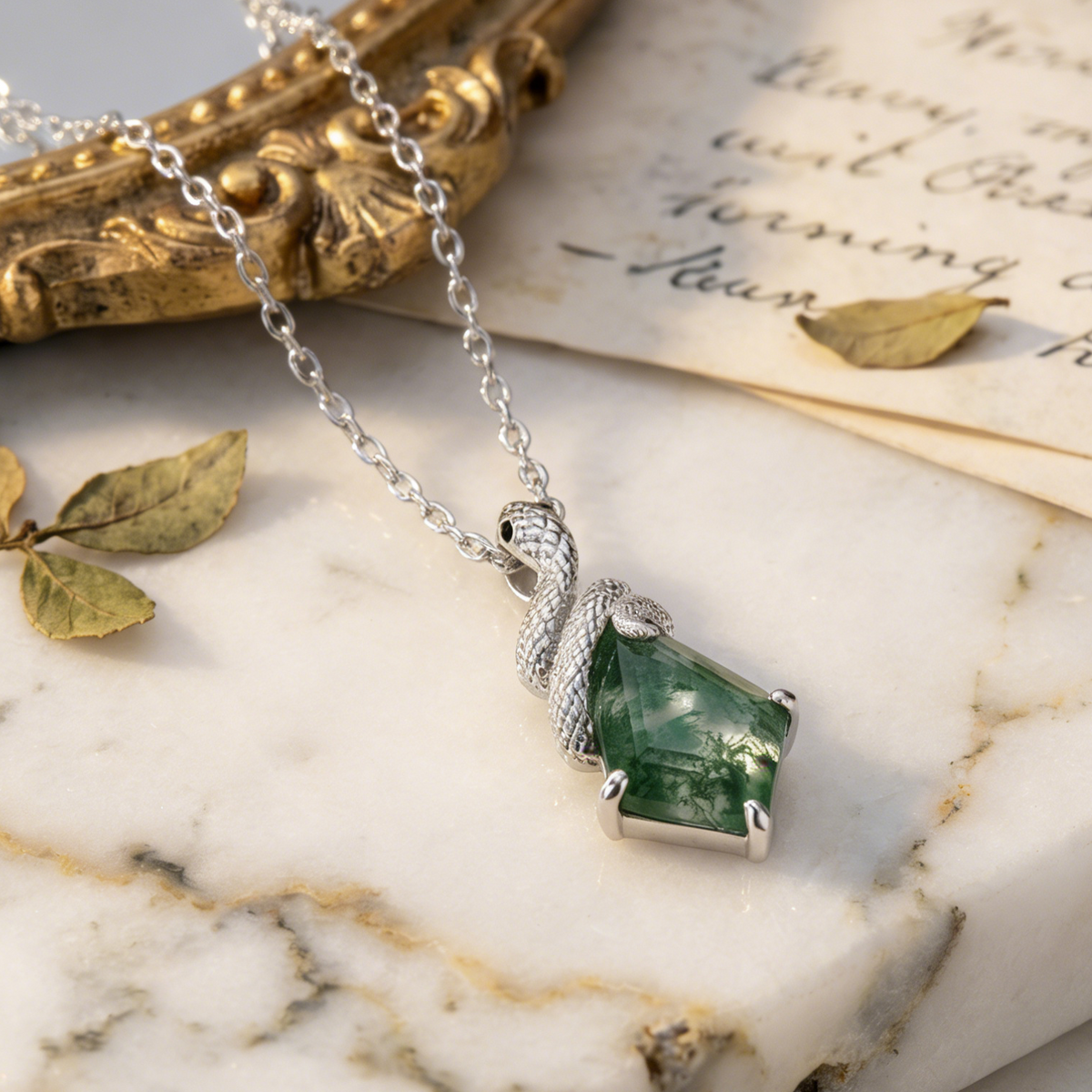 Kite Cut Lab Emerald Mystical Serpent Carved Nature Inspired Necklace - Cloak