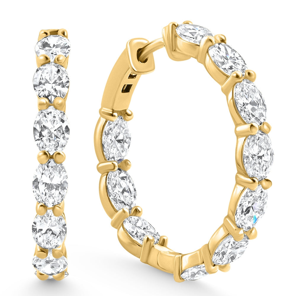 3Ct TW Oval Diamond Inside Outside Hoops 14k Yellow Gold Lab Grown 1"