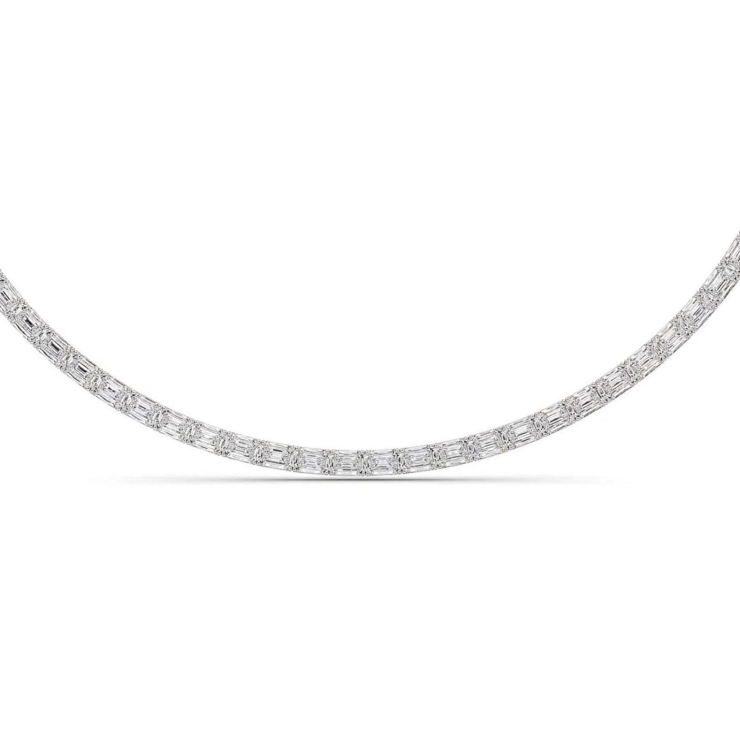 34Ct Emerald Cut Diamond Tennis Necklace Lab Grown 14k White Gold 18"