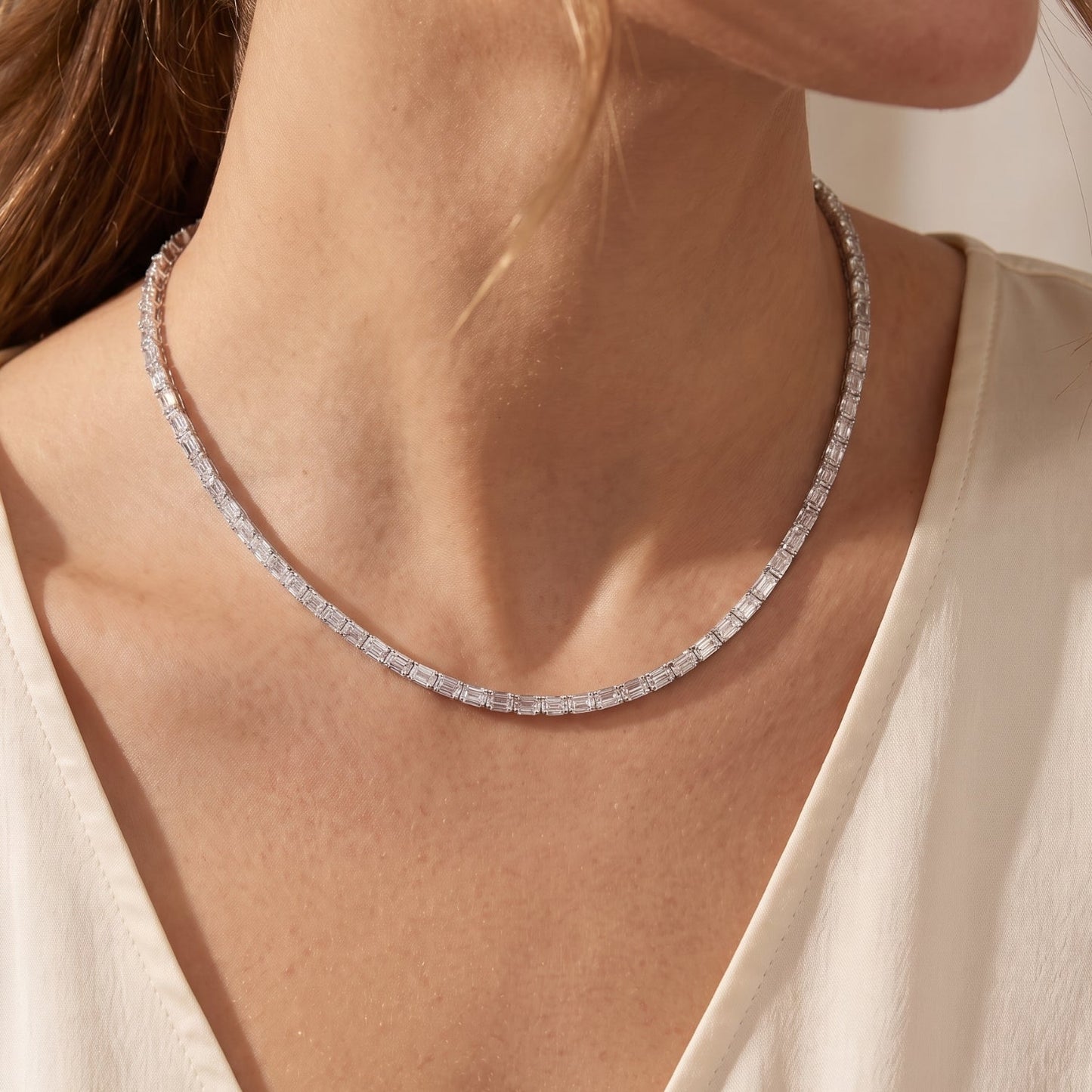 34Ct Emerald Cut Diamond Tennis Necklace Lab Grown 14k White Gold 18"