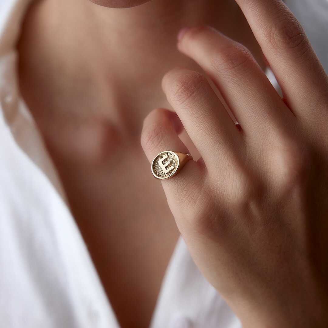14k Gold Embossed Initial Signet Ring