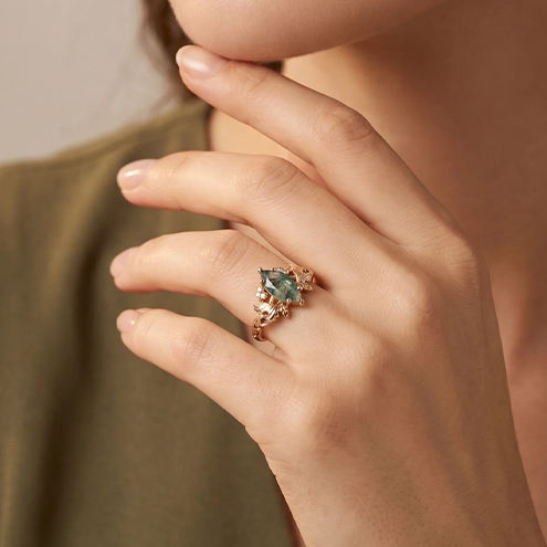 Daphne’s Laurel | Marquise Moss Agate with Diamond Leaves