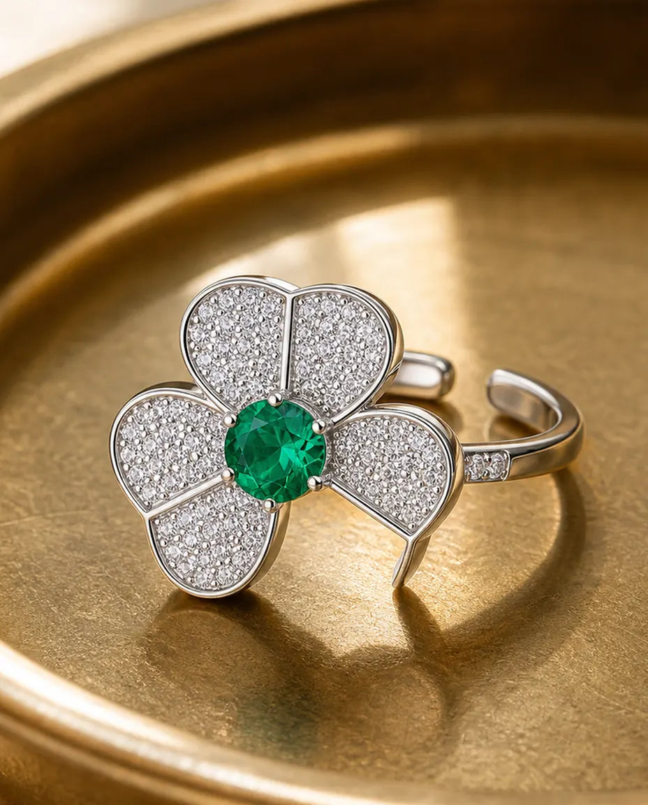 Lab Emerald Ring – Three-Petal Flower Ring with Round Green Stone, 925 Sterling Silver Birthstone Gift for Her