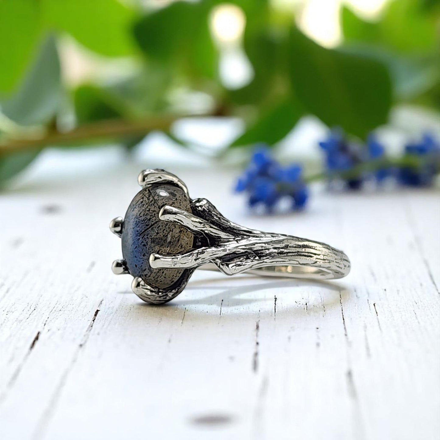 Labradorite Gemstone Silver Twig Ring