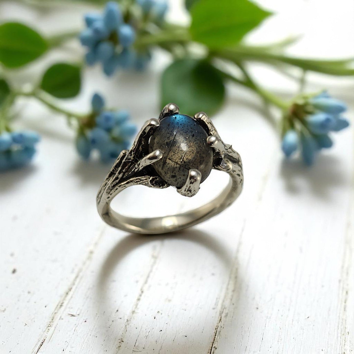 Labradorite Gemstone Silver Twig Ring