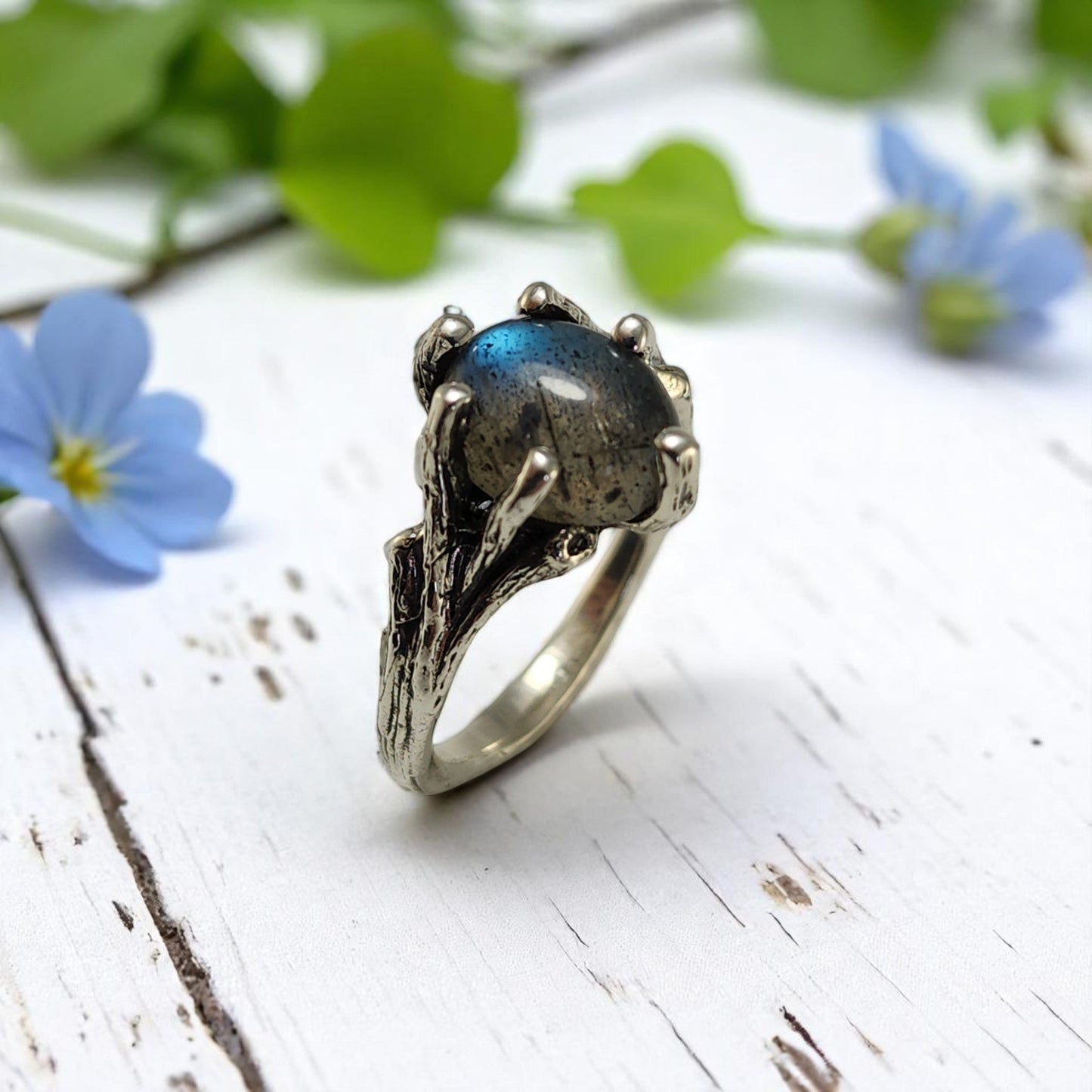 Labradorite Gemstone Silver Twig Ring