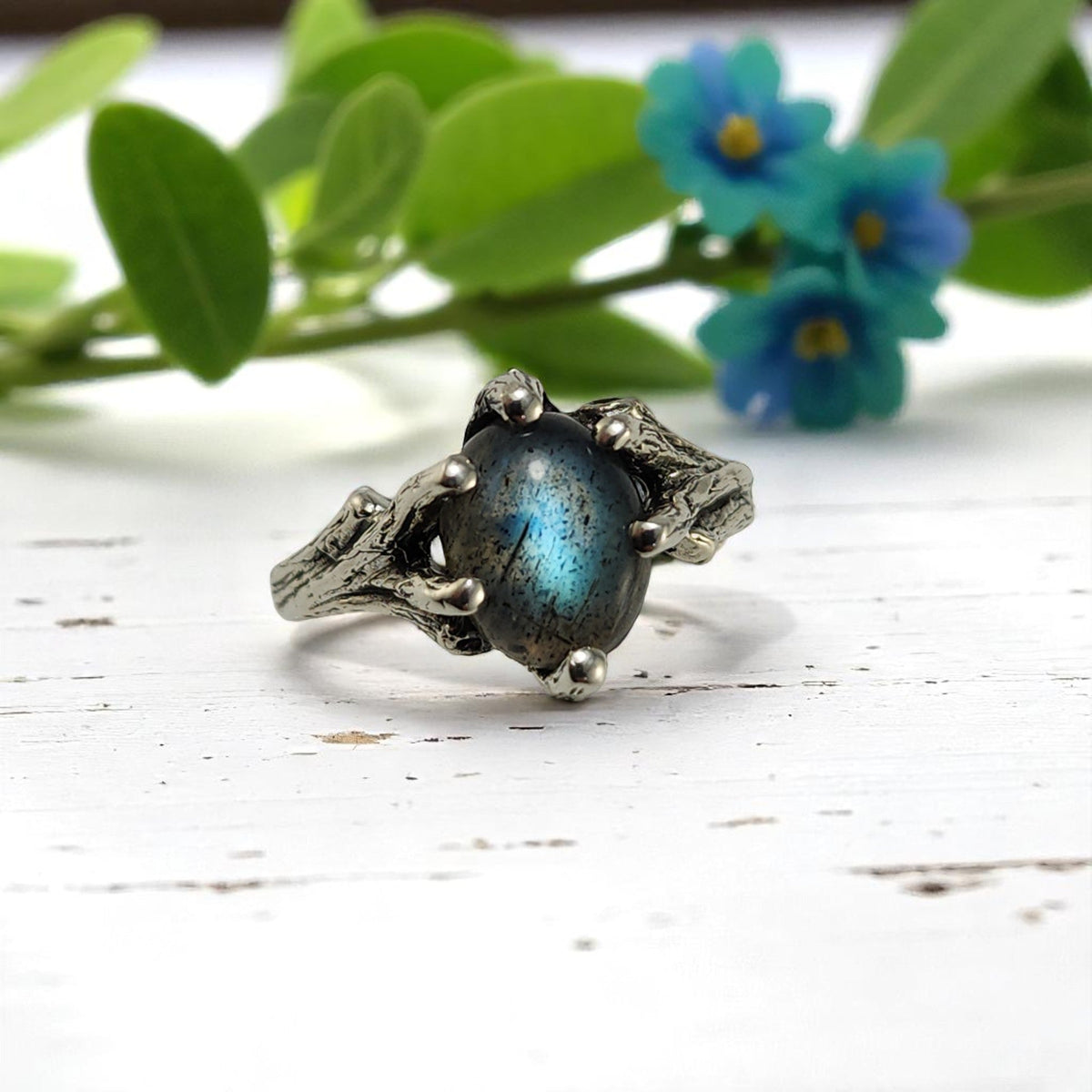 Labradorite Gemstone Silver Twig Ring