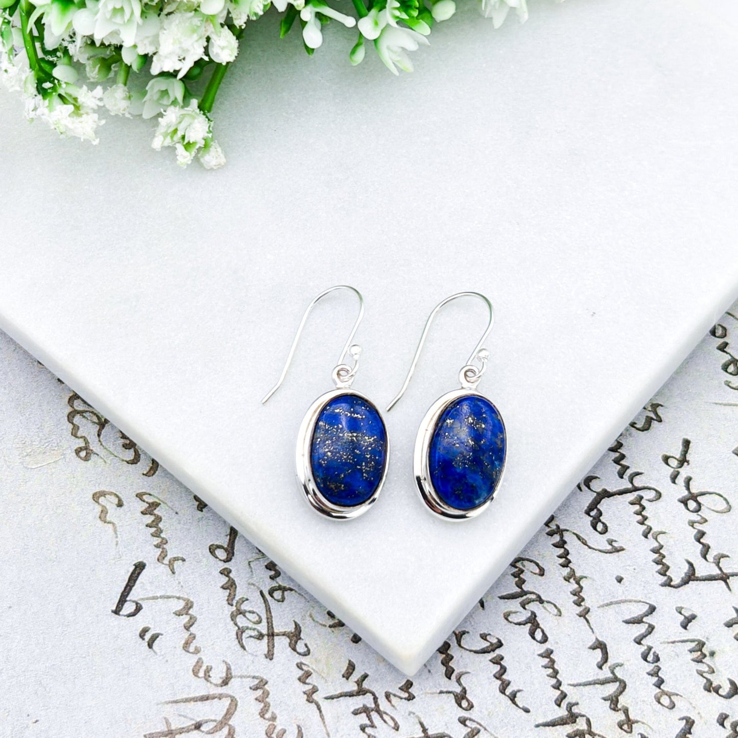 Lapis Lazuli Earrings | 15mm Oval with Double Bezel Silver | September Birthstone | Sterling Silver