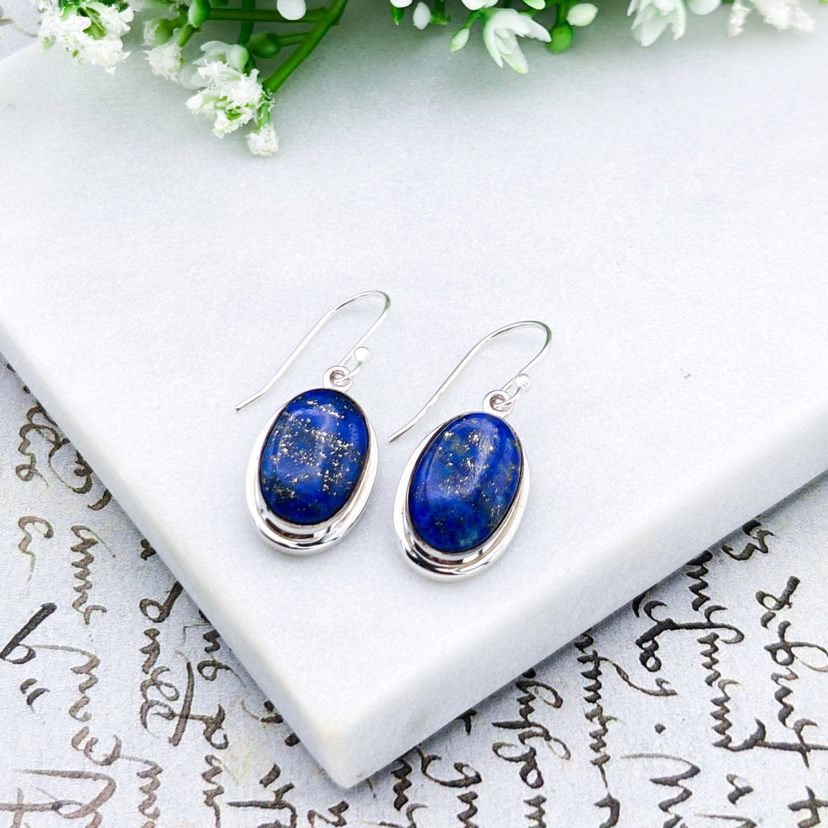 Lapis Lazuli Earrings | 15mm Oval with Double Bezel Silver | September Birthstone | Sterling Silver