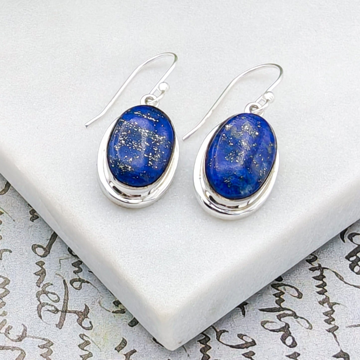 Lapis Lazuli Earrings | 15mm Oval with Double Bezel Silver | September Birthstone | Sterling Silver