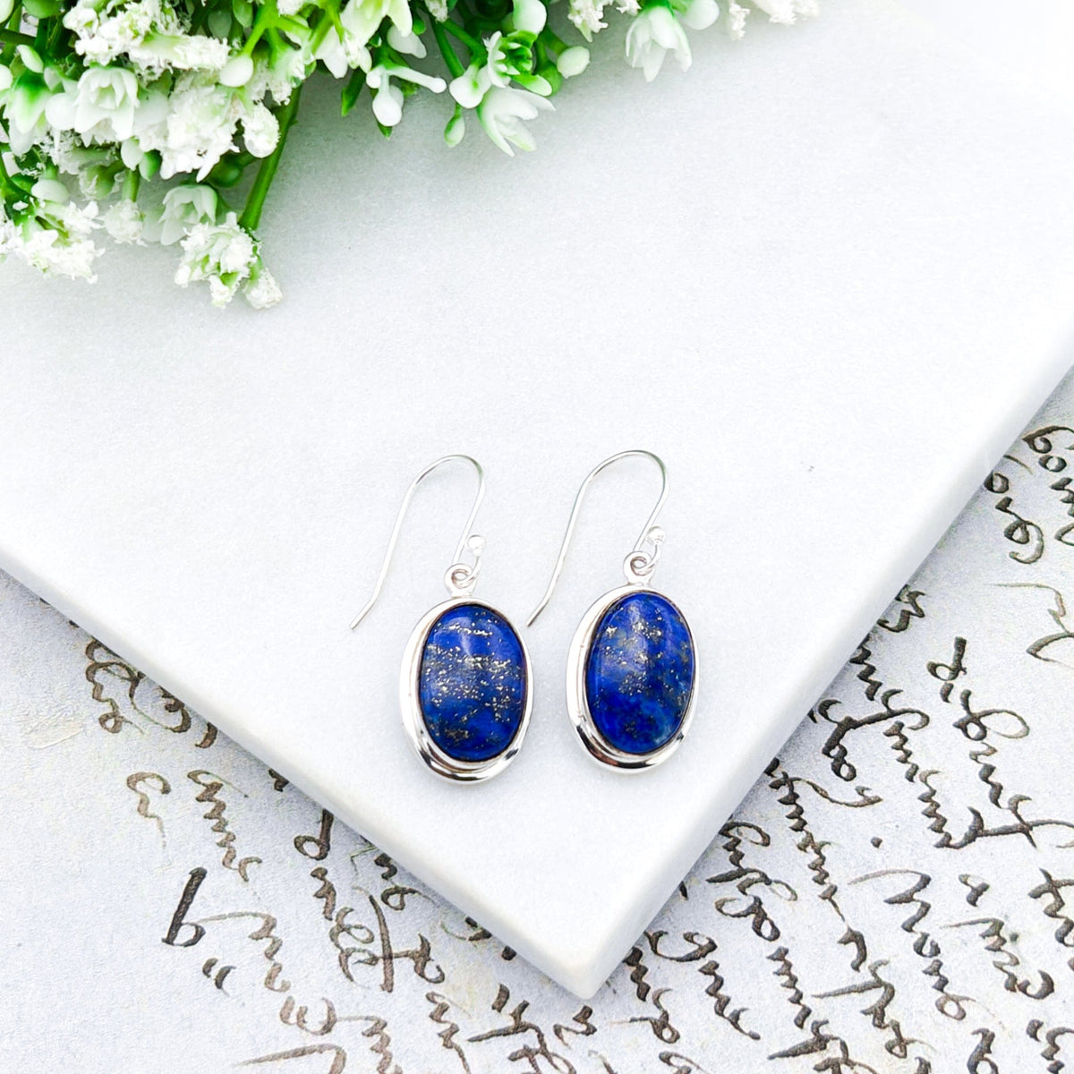 Lapis Lazuli Earrings | 15mm Oval with Double Bezel Silver | September Birthstone | Sterling Silver