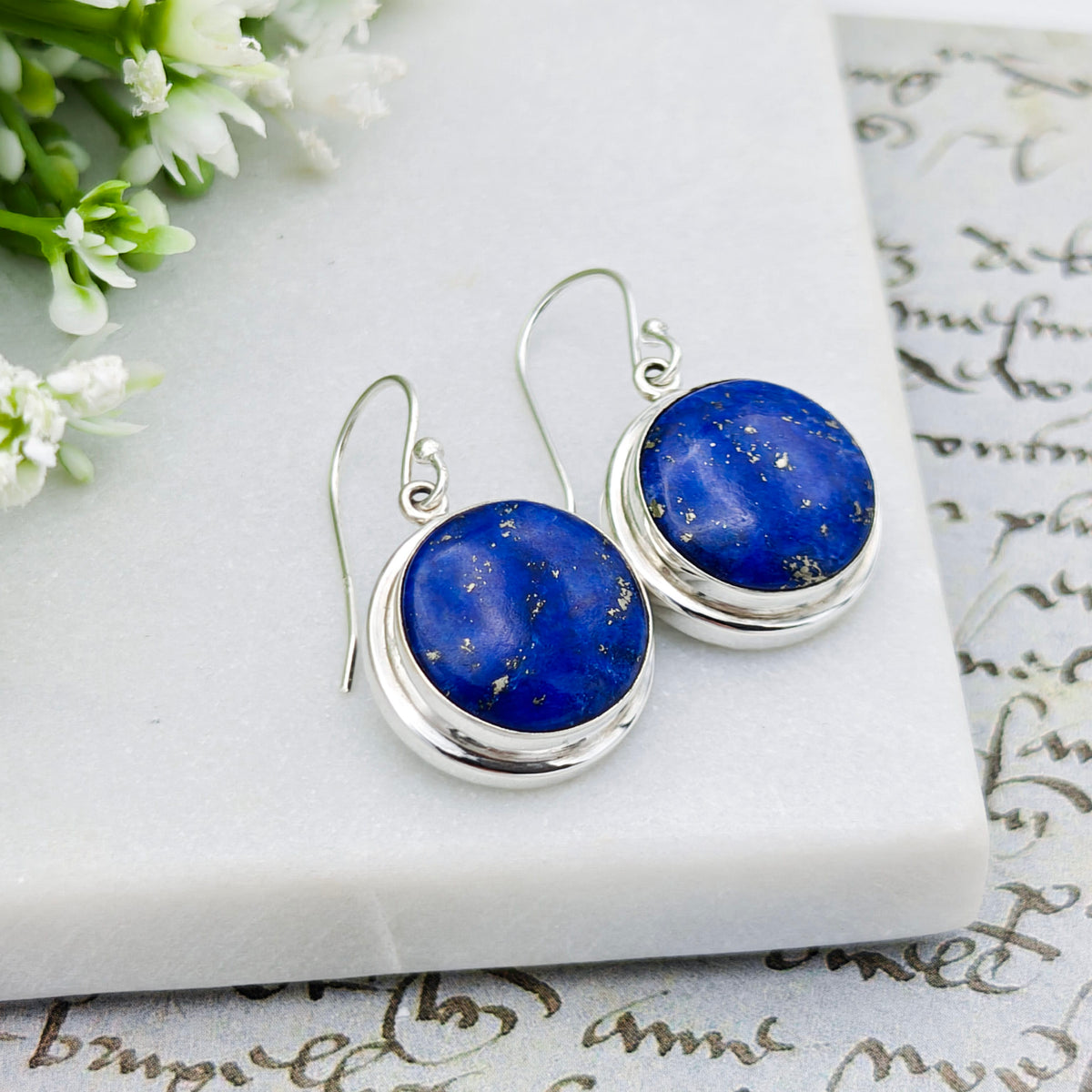 Lapis Lazuli Earrings | 15mm Round | September Birthstone | Sterling Silver