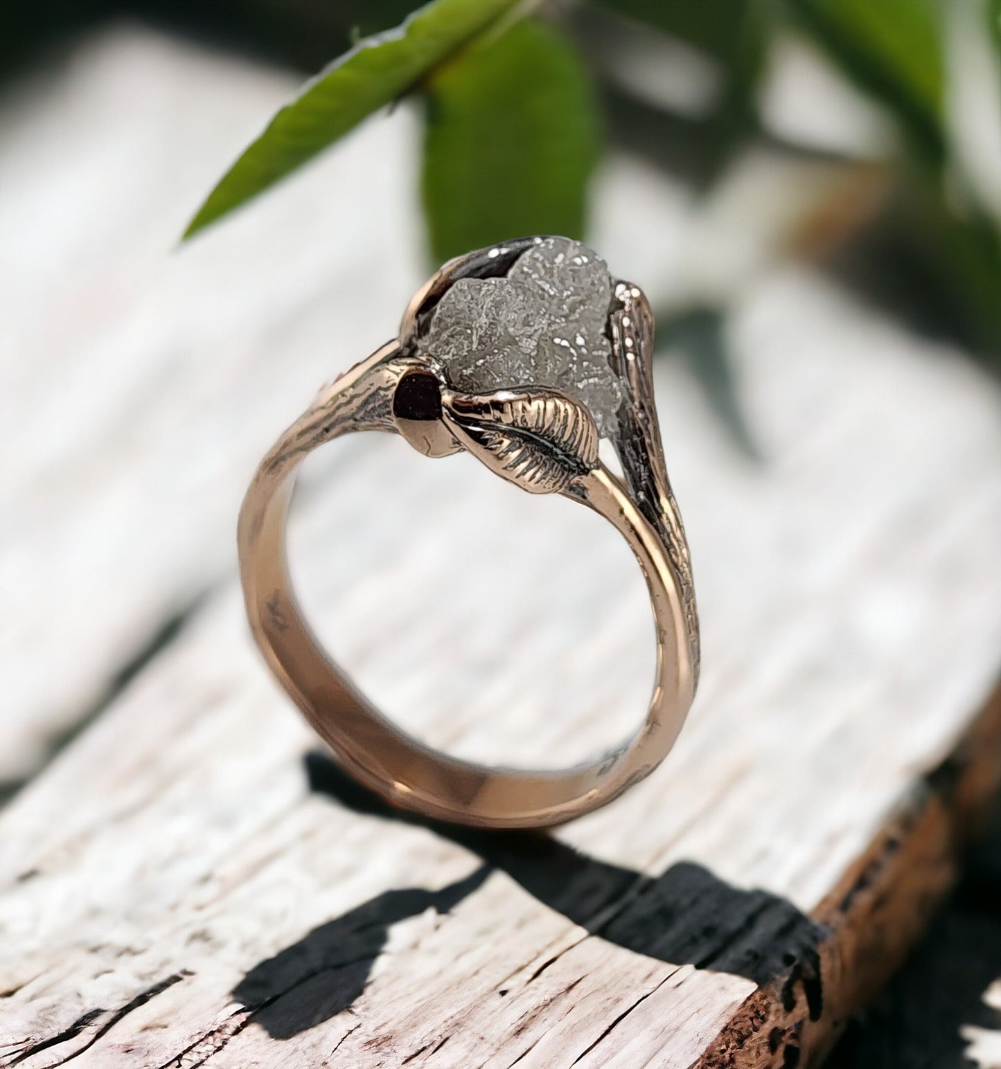 Large Floating Raw Rough Diamond Engagement Ring in 14k Rose Gold, Antiqued Finish