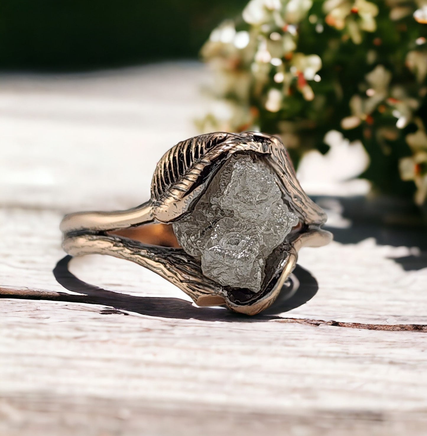 Large Floating Raw Rough Diamond Engagement Ring in 14k Rose Gold, Antiqued Finish