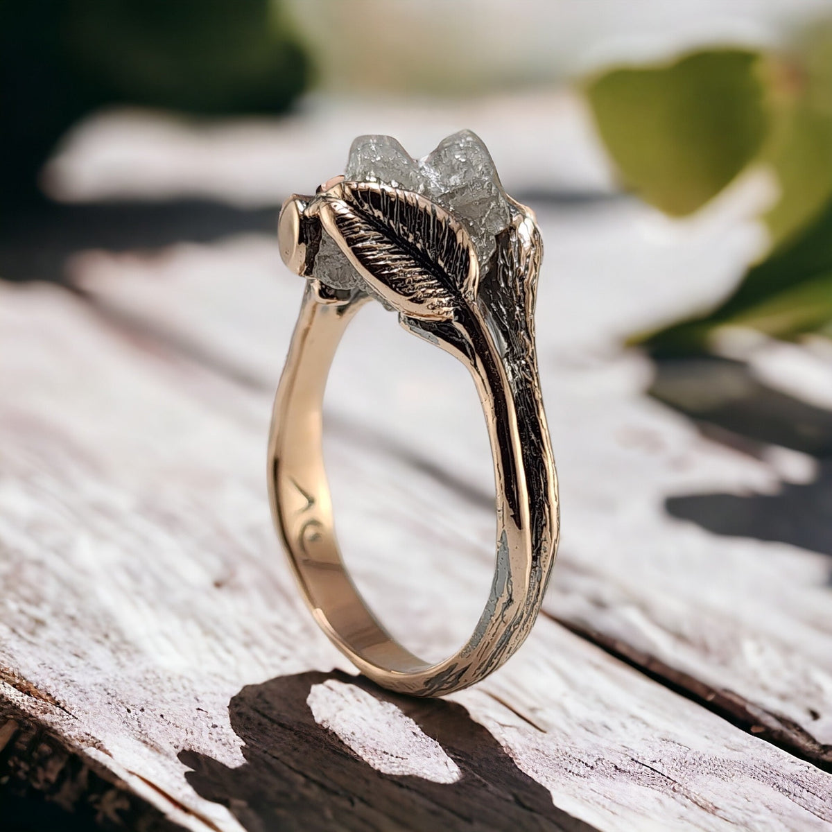 Large Floating Raw Rough Diamond Engagement Ring in 14k Rose Gold, Antiqued Finish